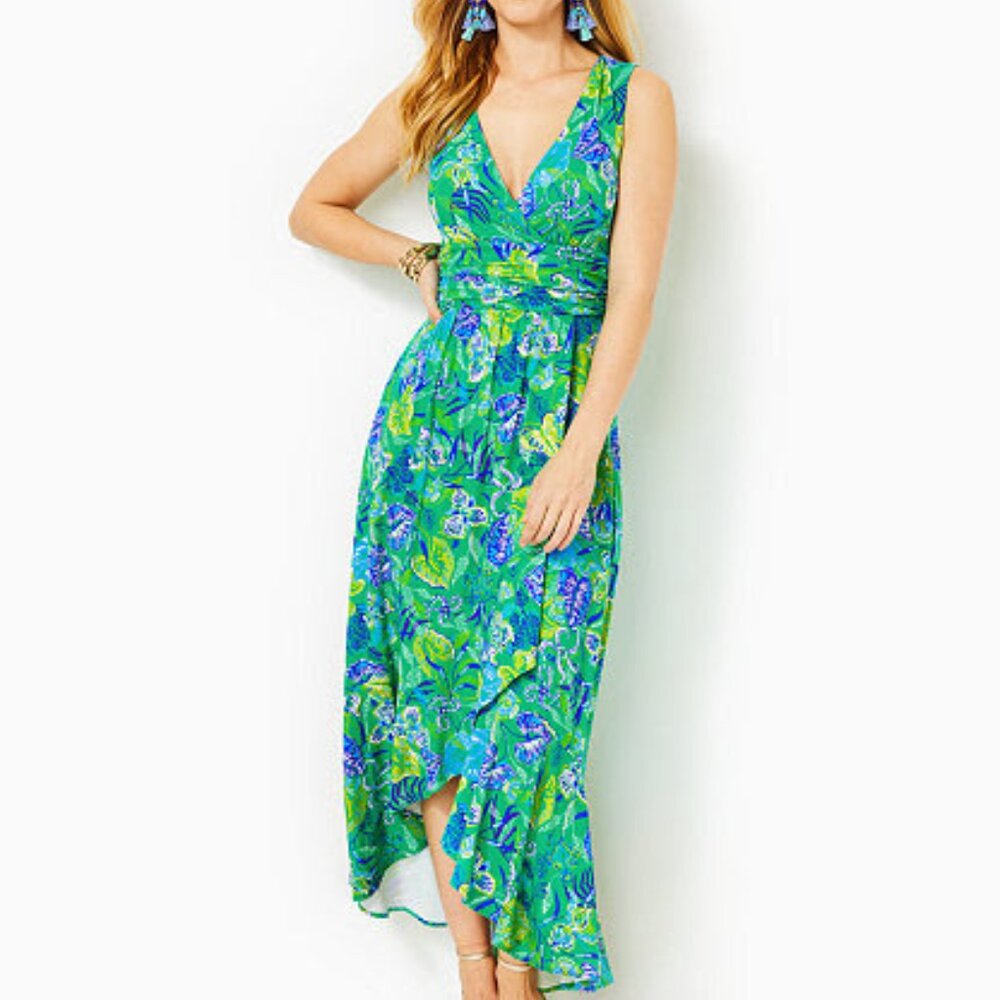 Lilly Pulitzer Moana Wrap Maxi Dress in Botanical Green In A Flutter, sz Large